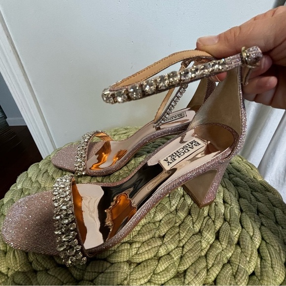Badgley Mischka Harriet Open Square Toe Rhinestone Rose Gold Block Heel NWOB - Picture 8 of 12